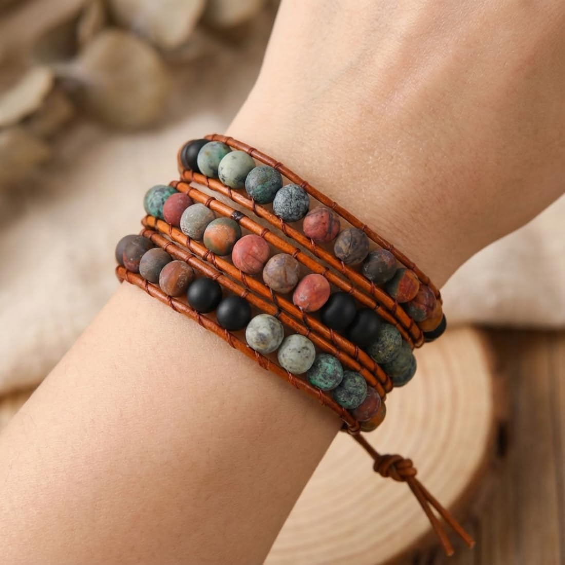 YGLINE Natural Stone Wrap Bracelet for Women Boho Bracelets Healing Crystal Beaded Bracelet Adjustable 3/5 Wraps Bracelet Handmade Birthday Gifts for Women - Image 2