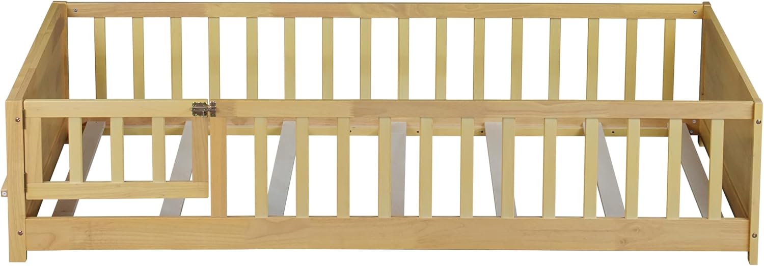 Primeiro plano view of the wooden bed slats installed on the Mirightone Twin Size Montessori Floor Bed frame, providing mattress support.