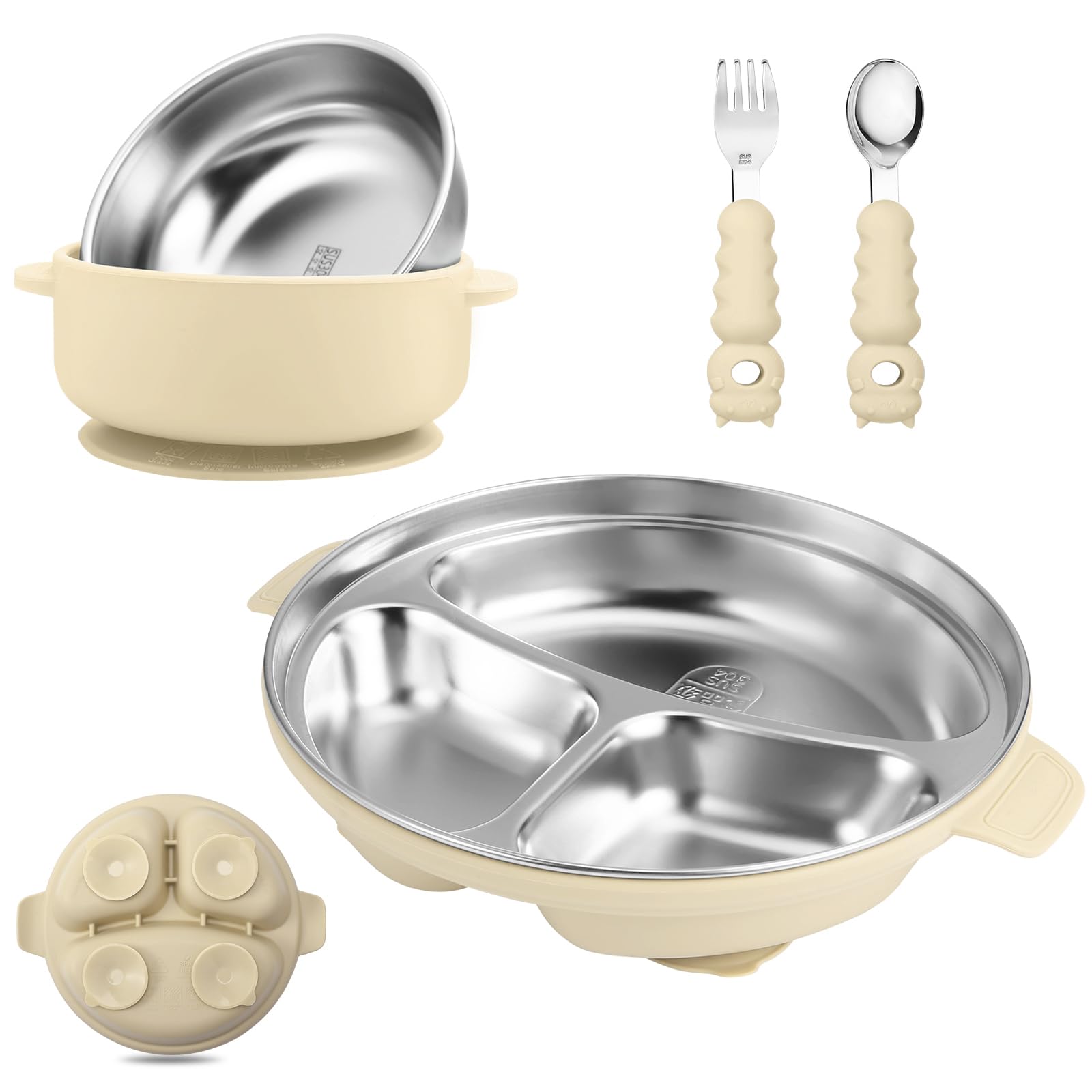 Plato y tazón de acero inoxidable Wesketch para bebé con ventosa, tazón para bebé y plato dividido para niños pequeños con carcasa de silicona extraíble, juego de alimentación antideslizante para bebés pequeños, tenedores y cucharas incluidos, color crema