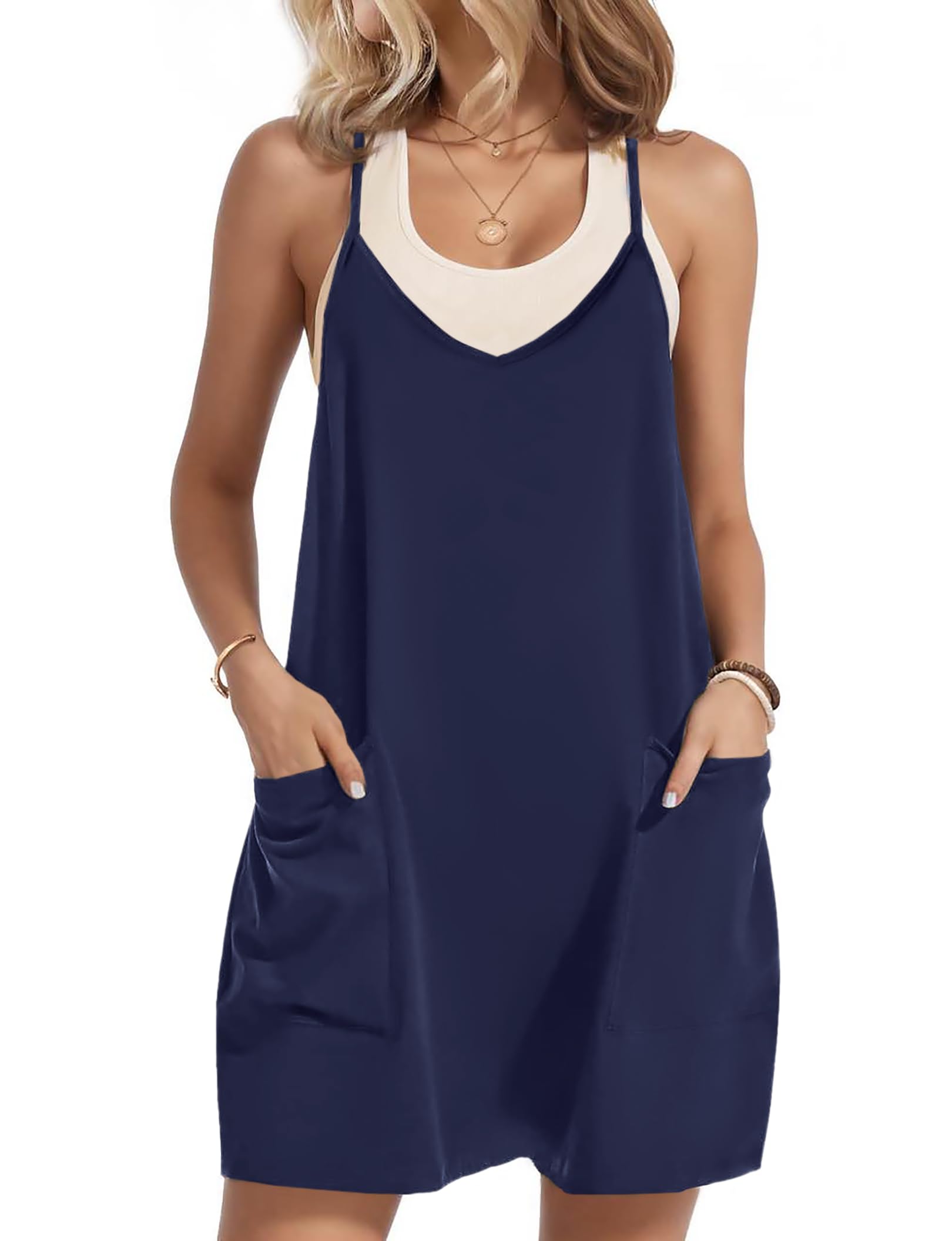 Zeagoo Latzrock Damen V Ausschnitt Spaghettiträger Latzkleid Ärmellos Kurz Overall Kleid Einfarbig Casual Minikleider Freizeitkleider mit Taschen S-XXL
