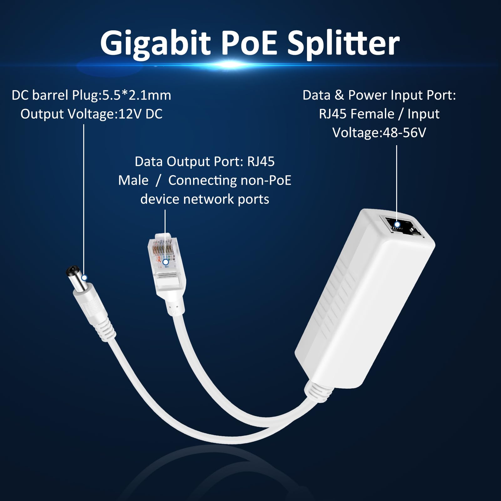 Gigabit PoE Splitter 12V 2A Output with IEEE 802.3af/at Standard Compliant, Power Over Ethernet Splitter Adapte for Security Camera, AP, Voip, 5.5x2.1mm DC Plug