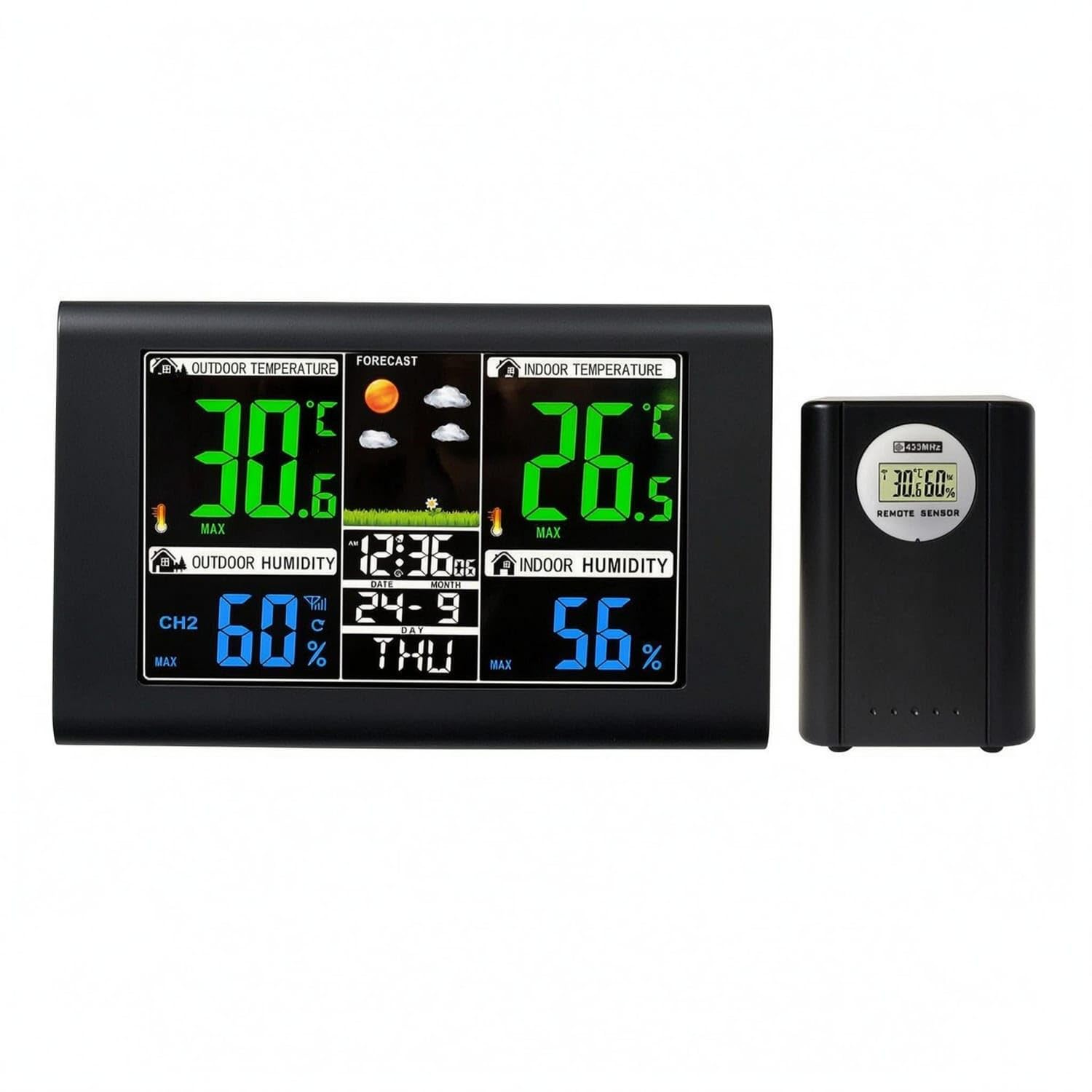 bnf® large display digital weather forecast clock color lcd indoor outdoor thermometer clock wireless weather station, black, h107g
