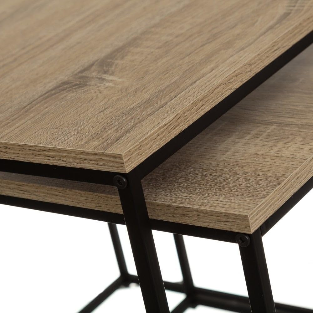 LOLAhome - Set 2 mesas de Centro Nido de 50x50 cm y 45x45 cm con diseño Moderno en Madera Natural y Estructura metálica Negra, Ideal como Auxiliar versátil para salón, Comedor u Oficina