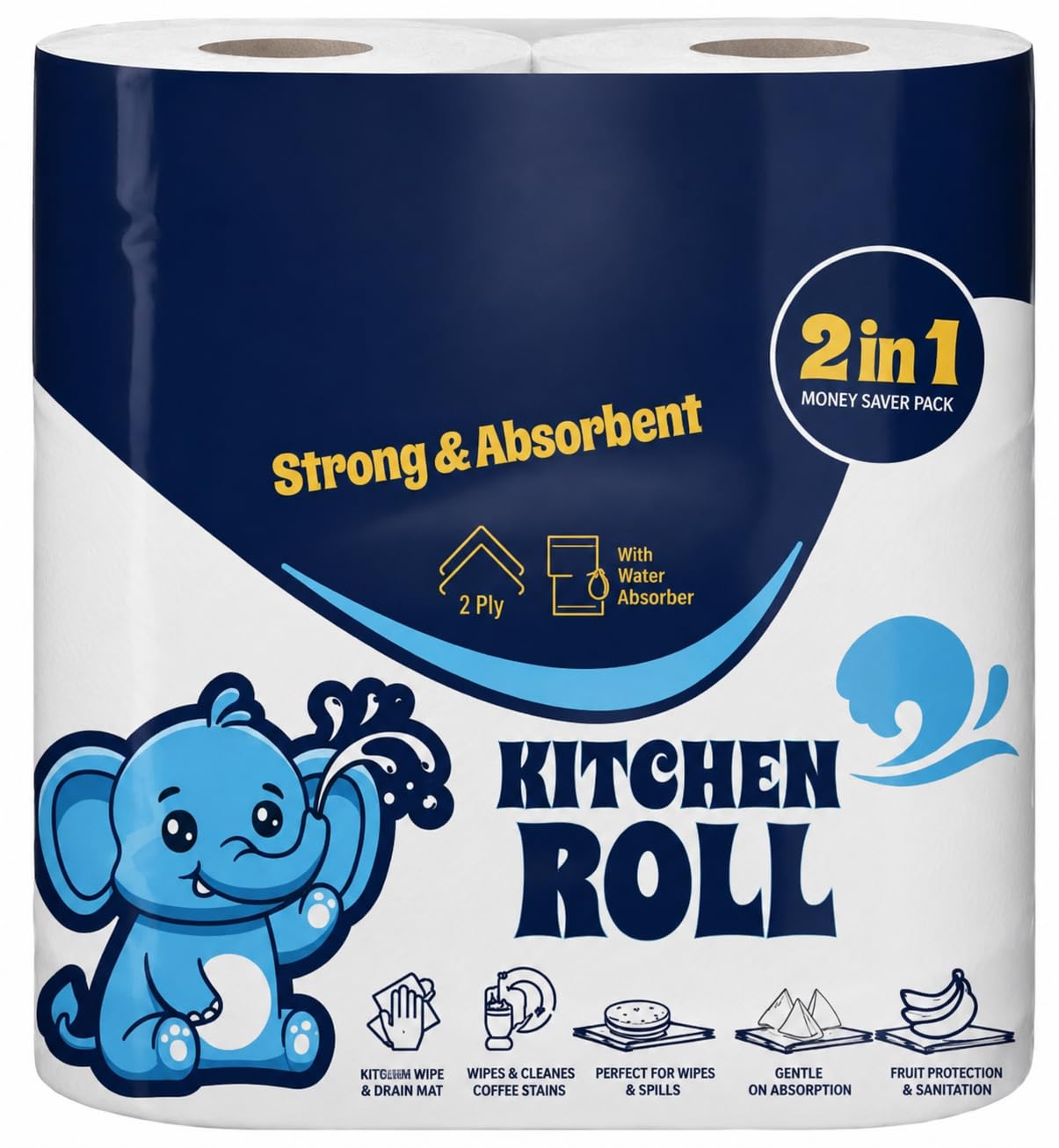 Kitchen Roll Paper Towels | 2 Ply | 2-in-1 Money Saver Pack | Strong & High Water Absorption | 100 Sheets per Roll (Total 200 Sheets) | 23 x 20 cm | Multi-Purpose Kitchen Tissue Roll-image-43