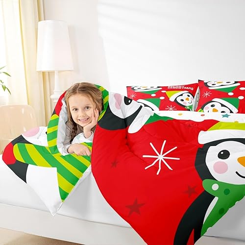 Miniatura 3 de Juego de edredón de Feliz Navidad para niños, tamaño King, juego de ropa de cama de pingüinos de dibujos animados, animales árticos, decoración de