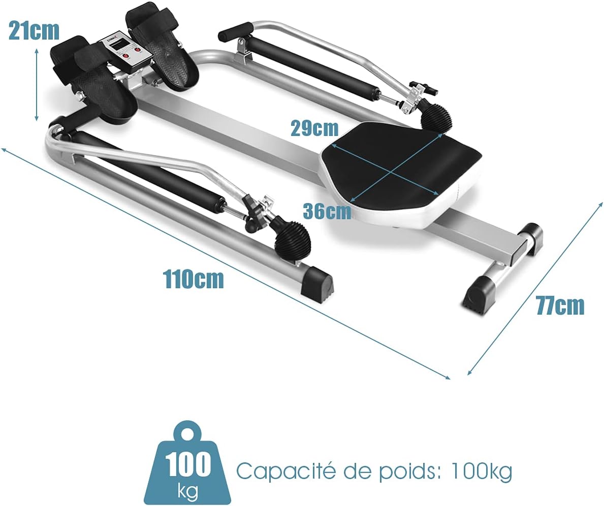 Diagram showing the dimensions of the GYMAX rowing machine: 110cm length, 77cm width, 21cm height, with a maximum weight capacity of 100kg.