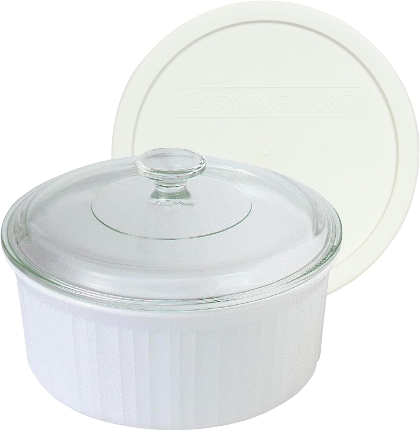 CorningWare FS5 1.5 qt / 1.4 L Round French White Casserole Dish, G-5C Clear 1.5 qt Fluted Glass Lid and F-5-PC 1.5qt French White Lid - Thumbnail 3