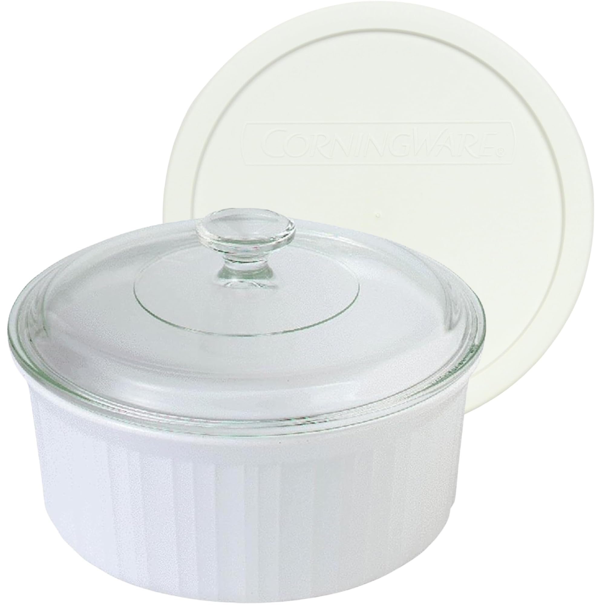 CorningWare FS5 1.5 qt / 1.4 L Round French White Casserole Dish, G-5C Clear 1.5 qt Fluted Glass Lid and F-5-PC 1.5qt French White Lid