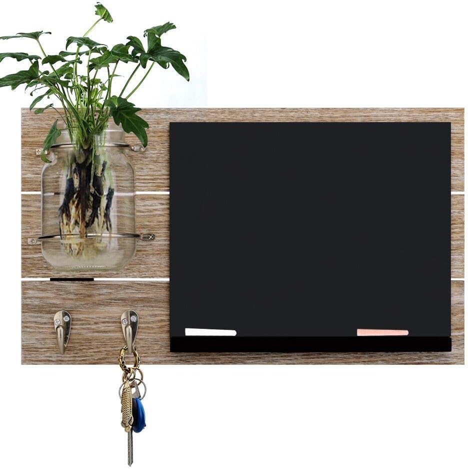 Round Rich Chalkboard with Mason Jar with 2 Key Hooks and 2 chalks for Wall - Rustic Wall Décor