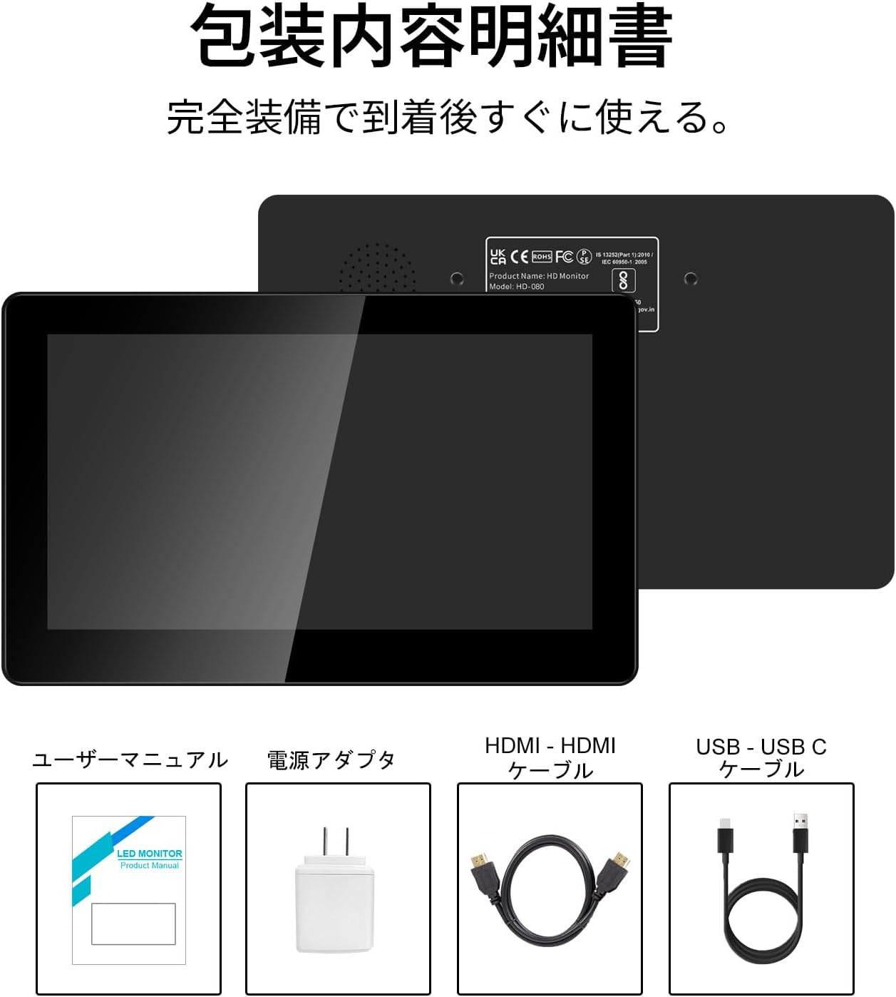 Contents of the Pisichen monitor package including monitor, user manual, power adapter, HDMI cable, and USB-C cable