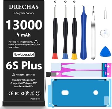 [13000mAh]Battery for iPhone 6S Plus, New Upgraded High Capacity 0 Cycle Li-Polymer Replacement Battery for iPhone 6S Plus Models A1634, A1687, A1699 with Complete Professional Repair Tool Kit