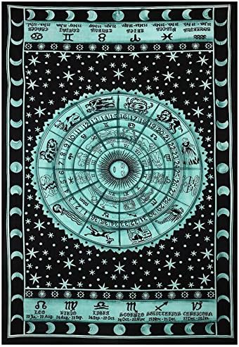 Gokul Handloom Black Zodiac Sign Celestial Tapestry Wall Decor Astrological Sun Moon Wall Hanging Horoscope Tapestry Psychedelic Tapestries Wall Art