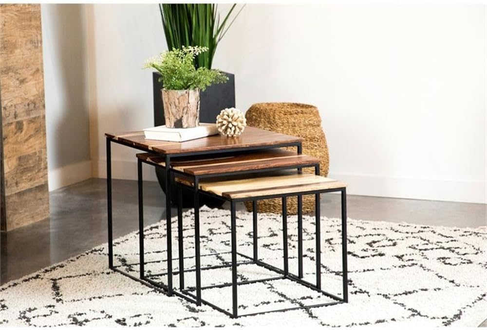 Pemberly Row 3 Piece Square Nesting Tables, Solid Sheesham Wood and Black Metal, Natural Finish, Stackable Design, Rustic Industrial Style Accent Tables for Living Room or Home Decor
