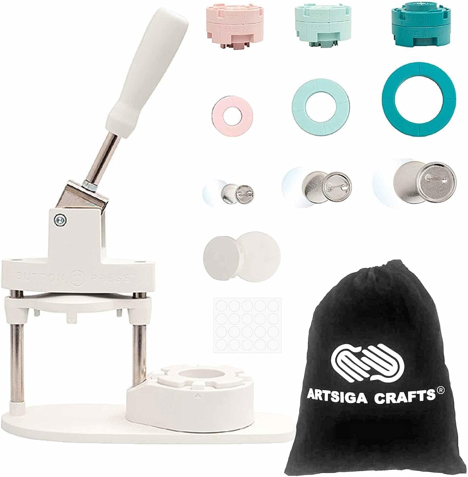 We R Memory Keepers Button Press Bundle with Artisga Crafts Small Project Bag - Includes Pin Press, Base & Cutting Inserts, Cutting Dies - Create Buttons, Magnets, Ribbons with Shells, Backs, Covers
