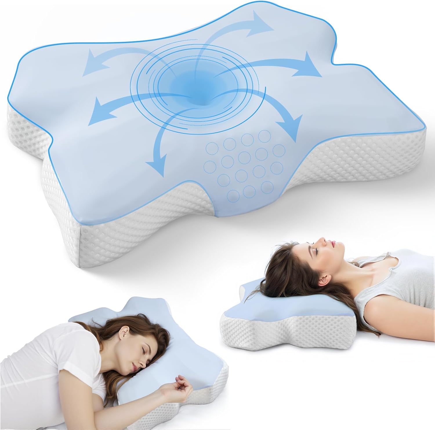 Cervical Neck Pillow for Pain Relief, Ergonomic Neck Support Pillow for Side Sleeper, Contour Memory Foam Pillows with Cooling Pillowcase Orthopedic Bed Pillow for Back Stomach Sleepers, White