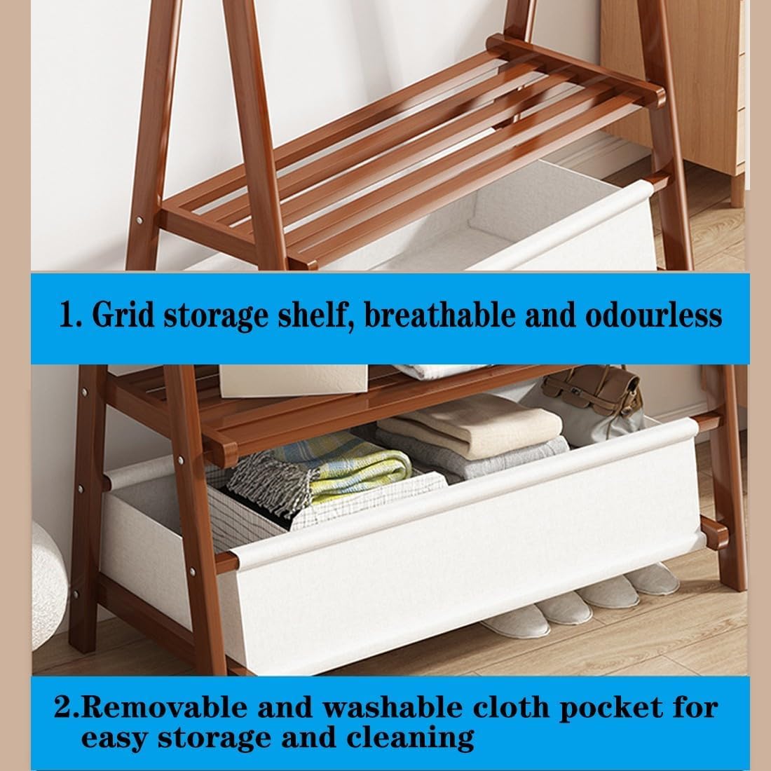 Bambus Kleiderschrank Klappbar Mit Stofftasche, Offener Kleiderständer Bambus Mit Ablagefach Moderner offener Kleiderschrank oder Kleiderregal,Wood,116X40X159cm