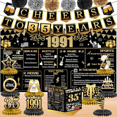 35th Birthday Decorations for Women Men 18PCS Black Gold Back in 1991 Banner Decorations Bday Backdrop 35 Year Old Banner for Her Him Birthday Card 6 Paper Poms 9 Honeycomb Balls