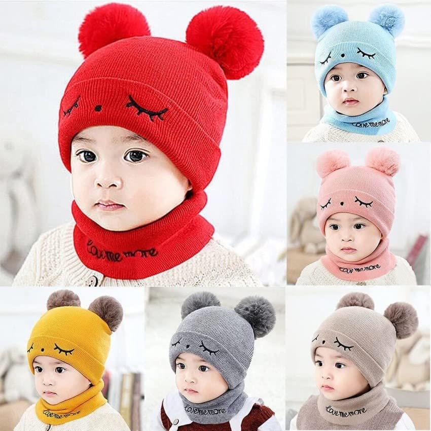 Image of F Y V Baby Kids Winter Beanie Cap with Warm Knitted Woollen Fur Lined Hat for Boys and Girls Age 1 to 6 Years Soft Stretchable Winter Cap Ear Cover