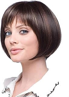 perucas femininas cabelo humano natural, Peruca curta Bob Lace Front Destaque Marrom Escuro Liso Peruca para Mulheres