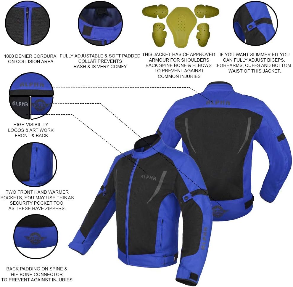 ALPHA CYCLE GEAR HI VIS MESH MOTORCYCLE JACKET FOR MENS RIDING BIKERS RACING DUAL SPORTS BIKE ARMORED PROTECTIVE...(BLACK, LARGE) : Automotive