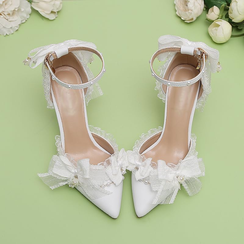 Elegant Bridal Heels with Blue Bow, White Pointed Toe, Ankle Strap, Pearl Details, High Stiletto3