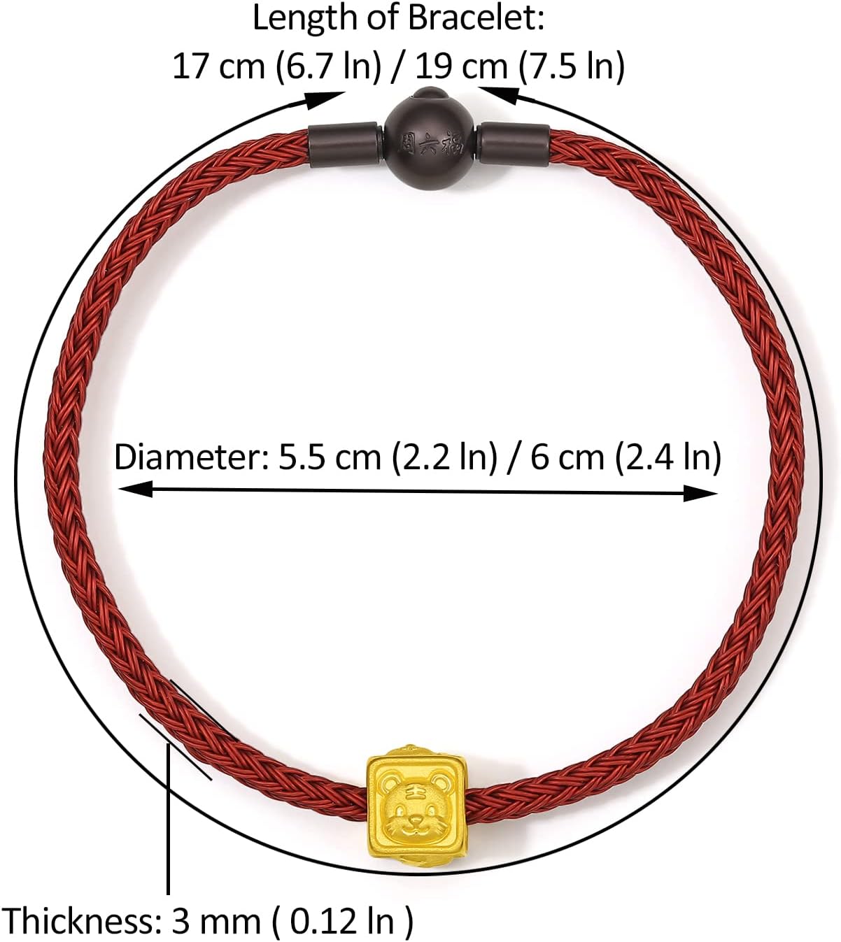 24K Solid Gold Bracelet, Real Pure Gold Jewelry Charm Bracelet Dainty Lucky Chinese Zodiac Rabbit Dragon Cat Dog Piggy Three in One Square for Women Men Girlfriend