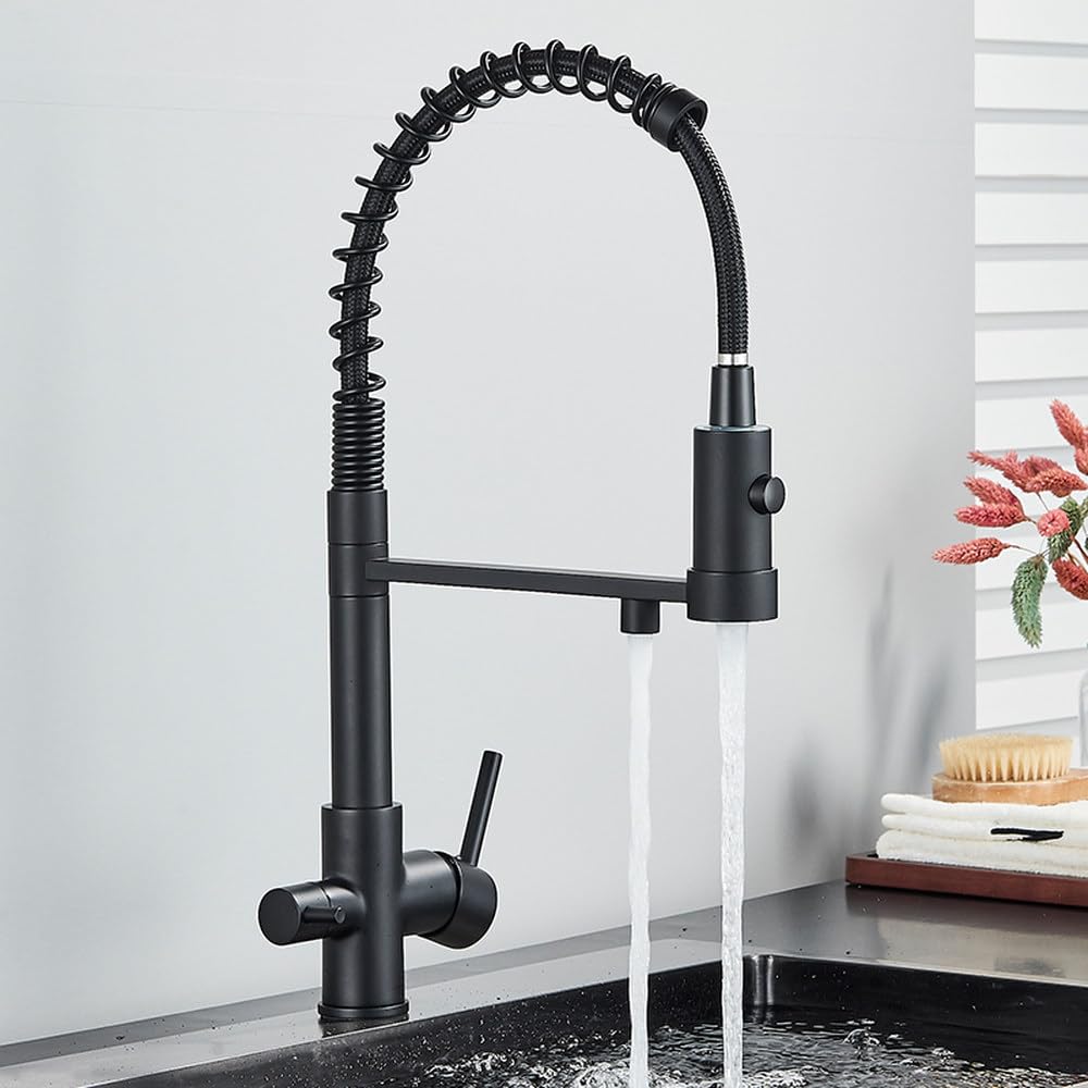 FCXWEVR Matte Black Kitchen Faucet 360° Rotating Brass Sink Tap with Filter Dual Mode Water Flow Stylish Drinking Water Mixer for Modern Kitchens