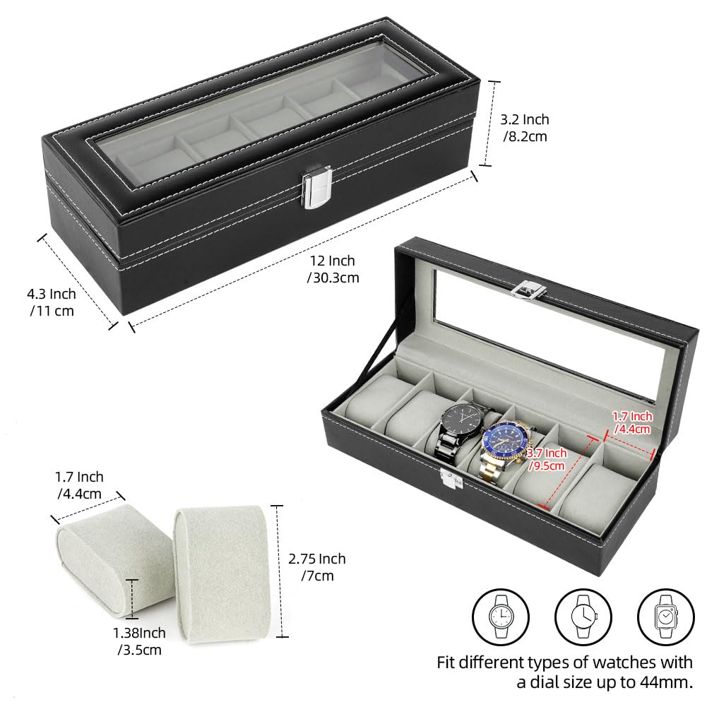 OFFCUP Caja de Relojes con 6 Compartimentos, Piel, Tapa de Cristal y Cojín Extraíble, Regalo para Hombres y Mujeres (Negra)