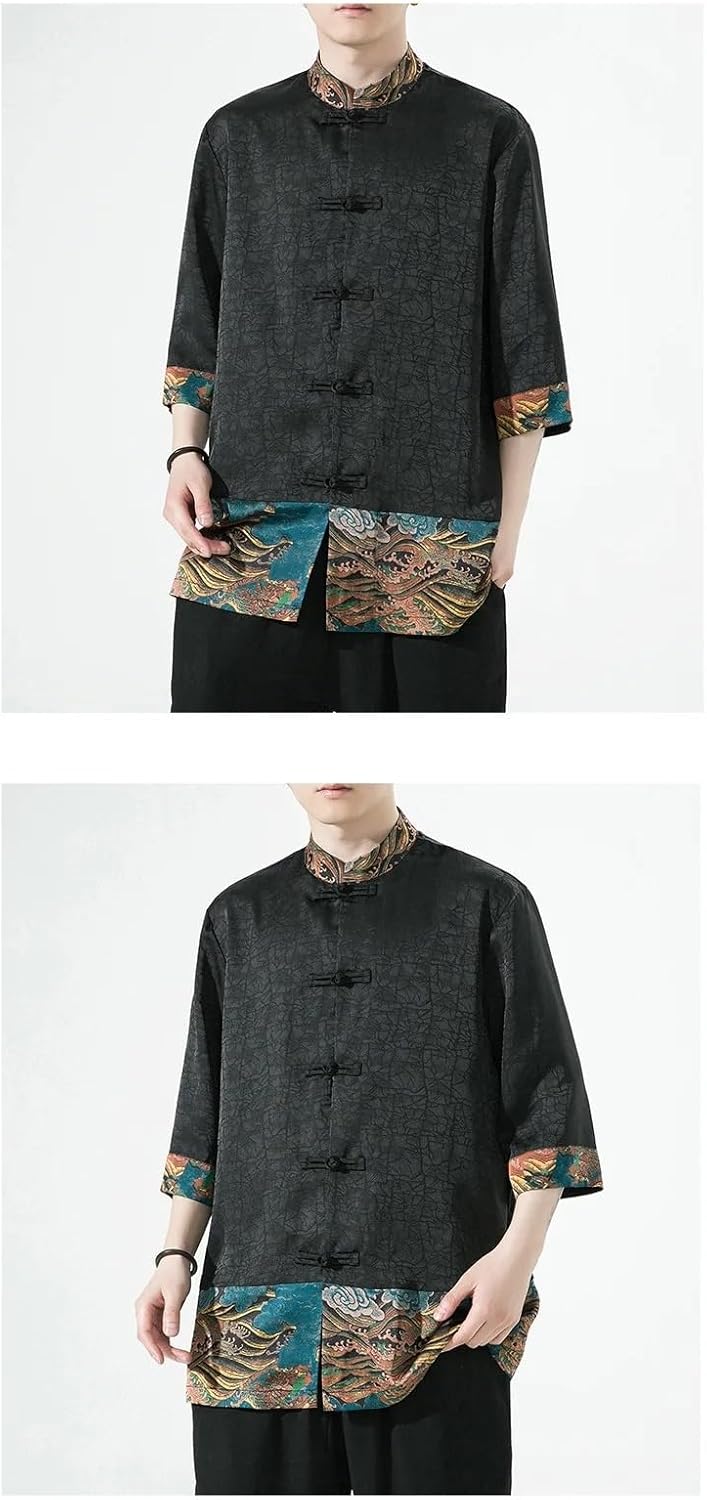 Chinese Style Tang Suit Top Shirt Retro Patchwork Print Blouse Button Up Hanfu Summer Loose Satin Coat