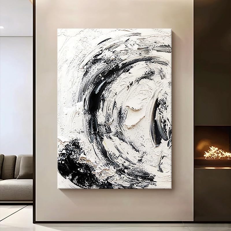 Tableau abstrait moderne noir et blanc peinte à la main 100x100 cm