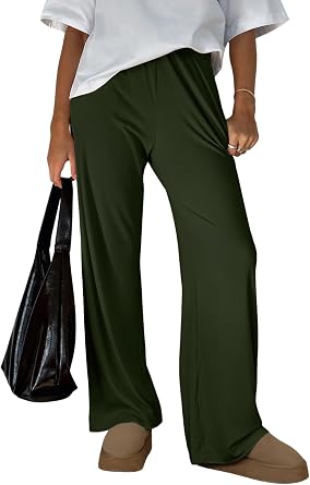 Trendy Queen Womens High Waisted Flowy Palazzo Pants - Stretchy Casual Lounge Ribbed Wide Leg Trousers with Pockets