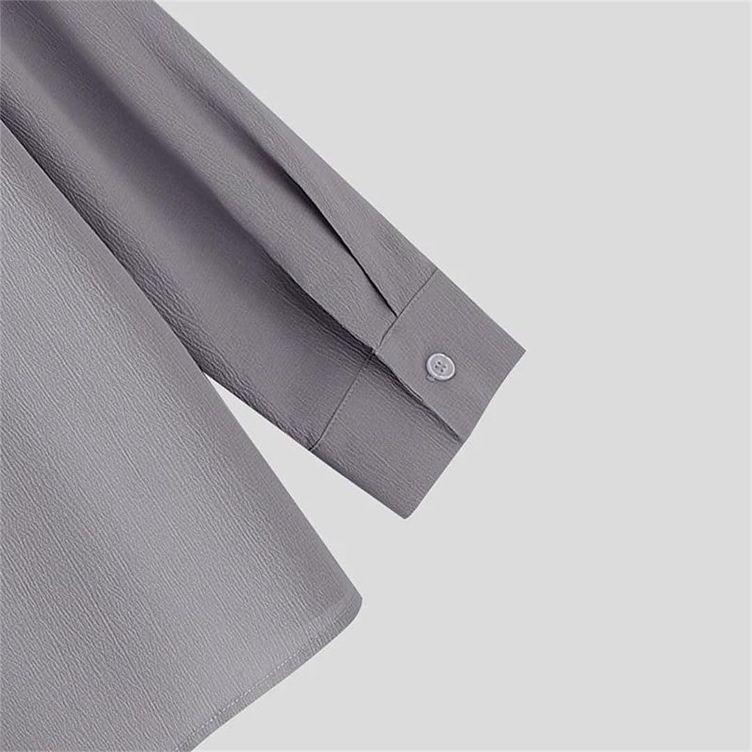 Men Spring Solid Color V-Neck Long Sleeve Shirt Irregular Loose Casual Top