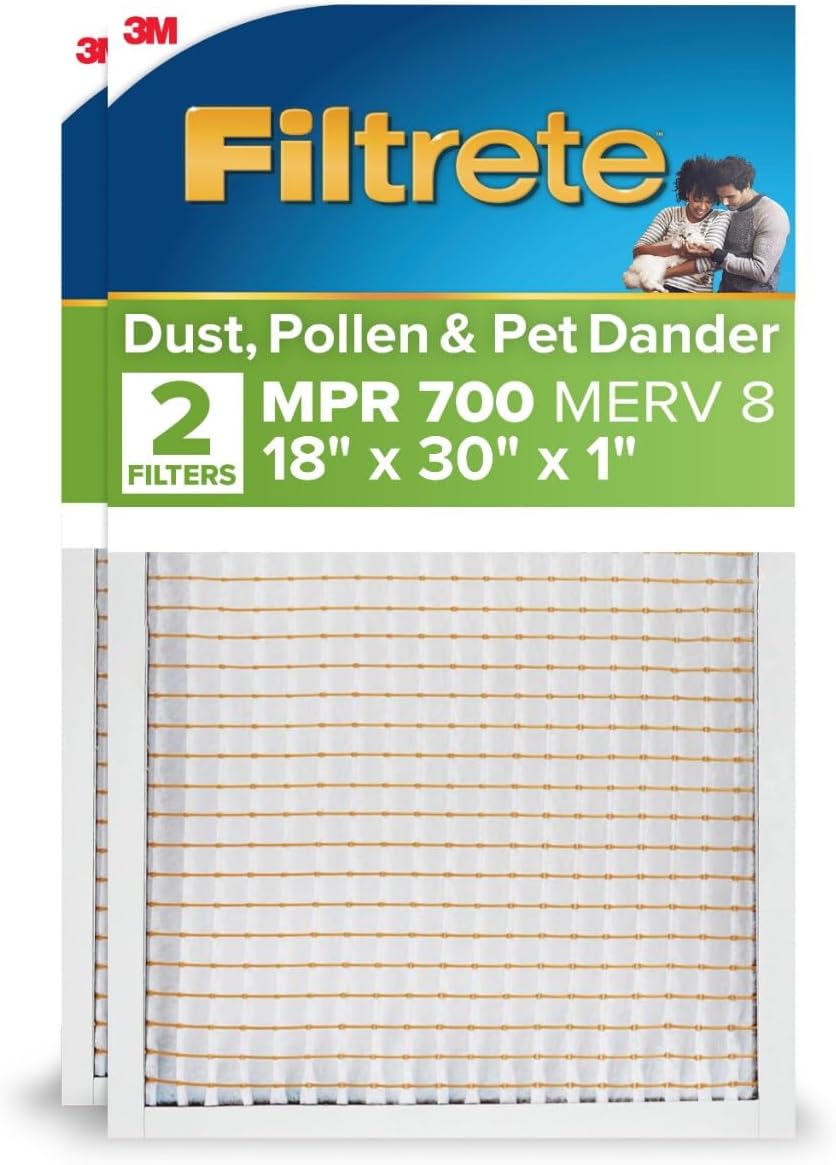 Filtrete 18x30x1 AC Furnace Air Filter, MPR 700, MERV 8, Tough on Pollen, Easy on Airflow, 3-Month Pleated 1-Inch Electrostatic Air Cleaning Filter, 2-Pack (Actual Size 17.81 x 29.81 x 0.81 in)