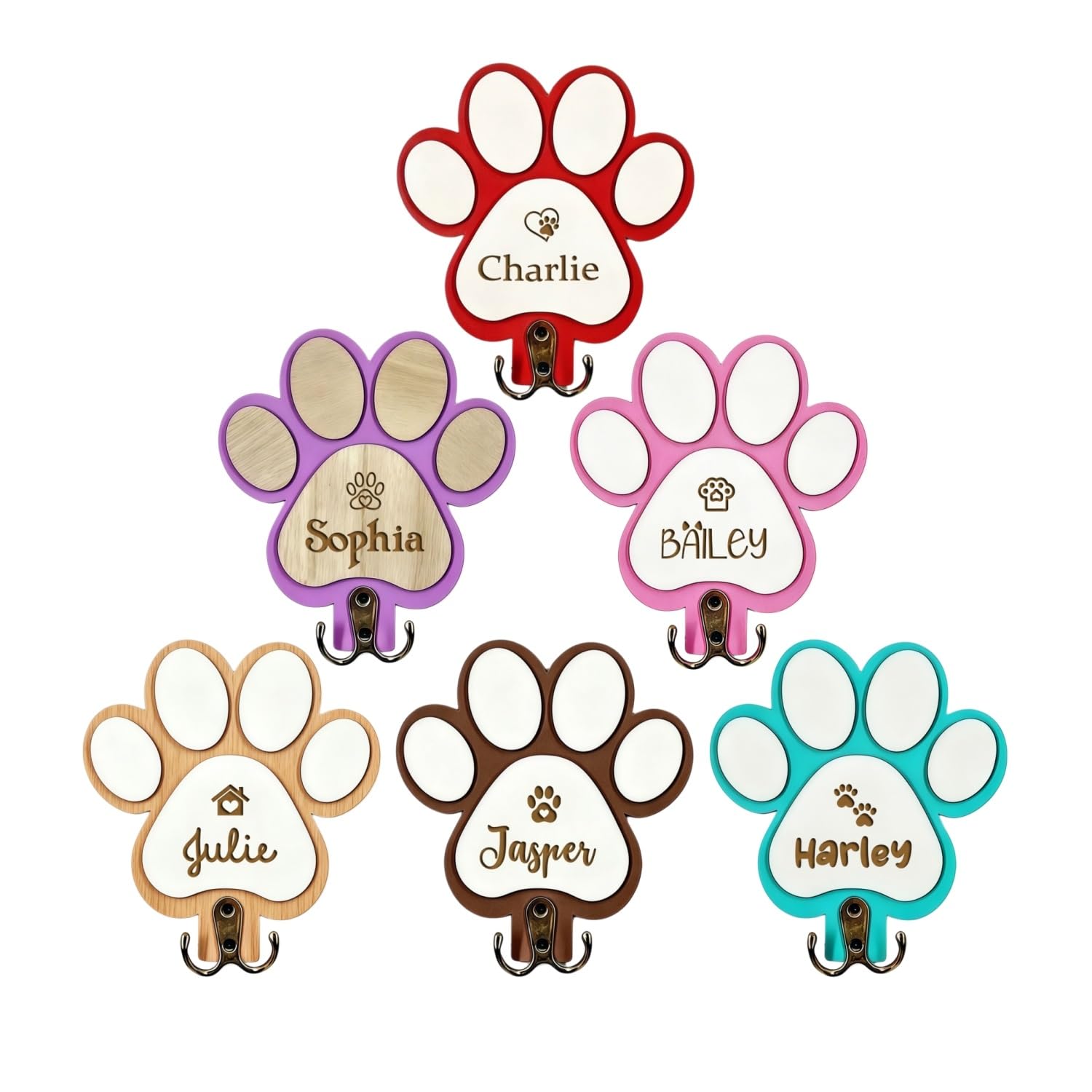 BFBZYME Personalized Dog Leash Hanger, Custom Engraved Name Wood Paw Print Leash Hook, Decorative Entryway Key Rack Harness Collar Organizer Pet Supplies Gift