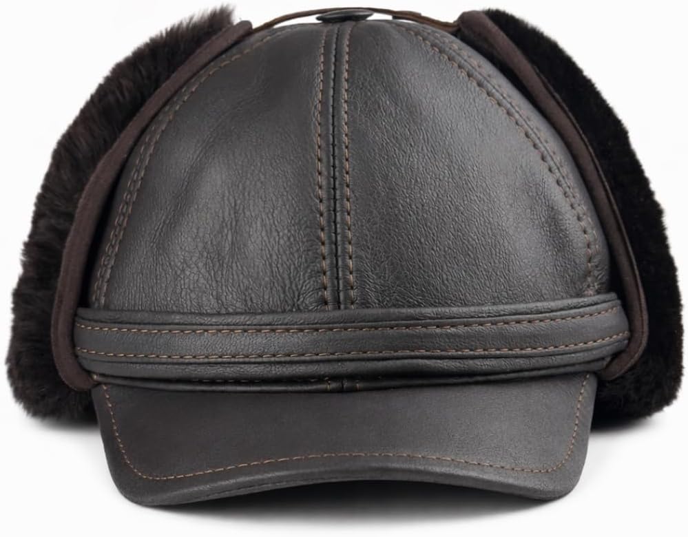 Men’s Shearling Leather Trapper Hat – Aviator Winter Cap with Genuine Sheepskin Ear Flaps | Cold Weather Hat | Ushanka