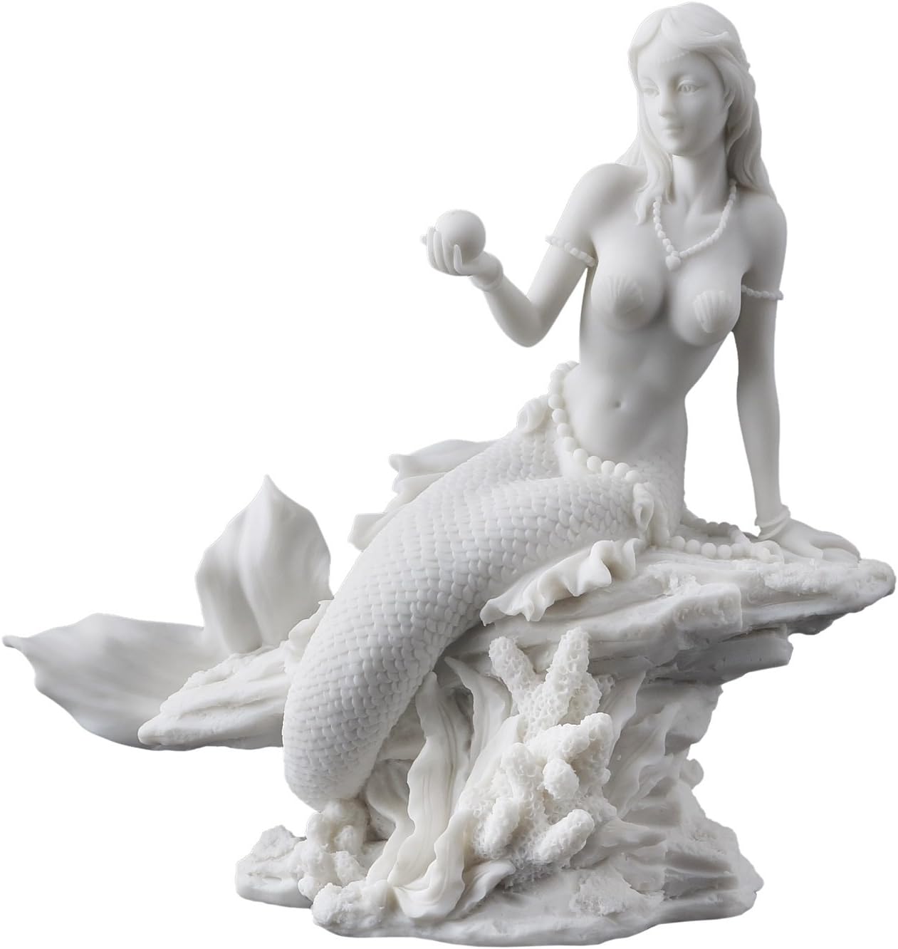 JFSM INC Mermaid Holding Pearl on Beach White Sculpture Figurine Statue Nautical Decor
