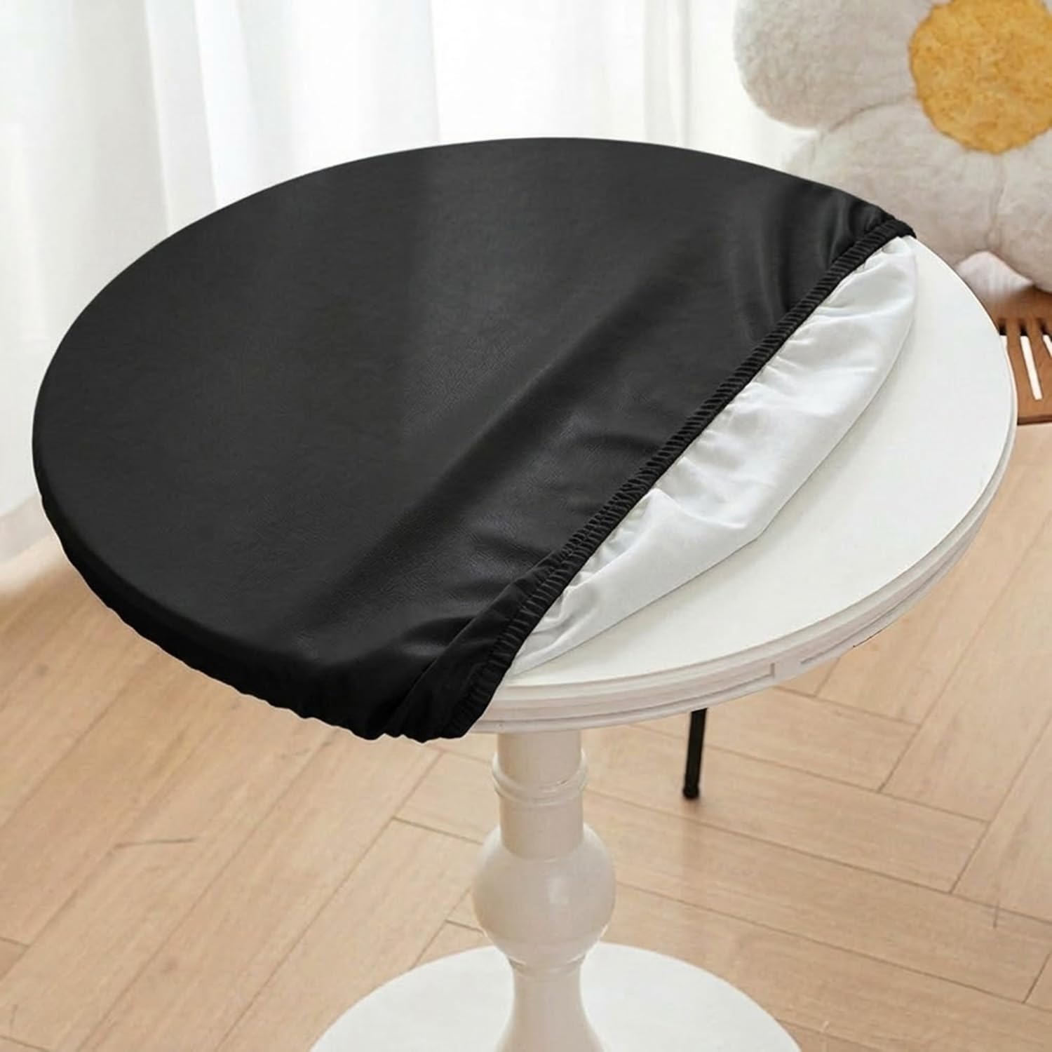 Round Fitted Tablecloth PU Leather Waterproof Elasticated Edge Wipeable Circular Table Cover for Indoor Outdoor Patio BBQ Dining Table Protector(Black,150cm)