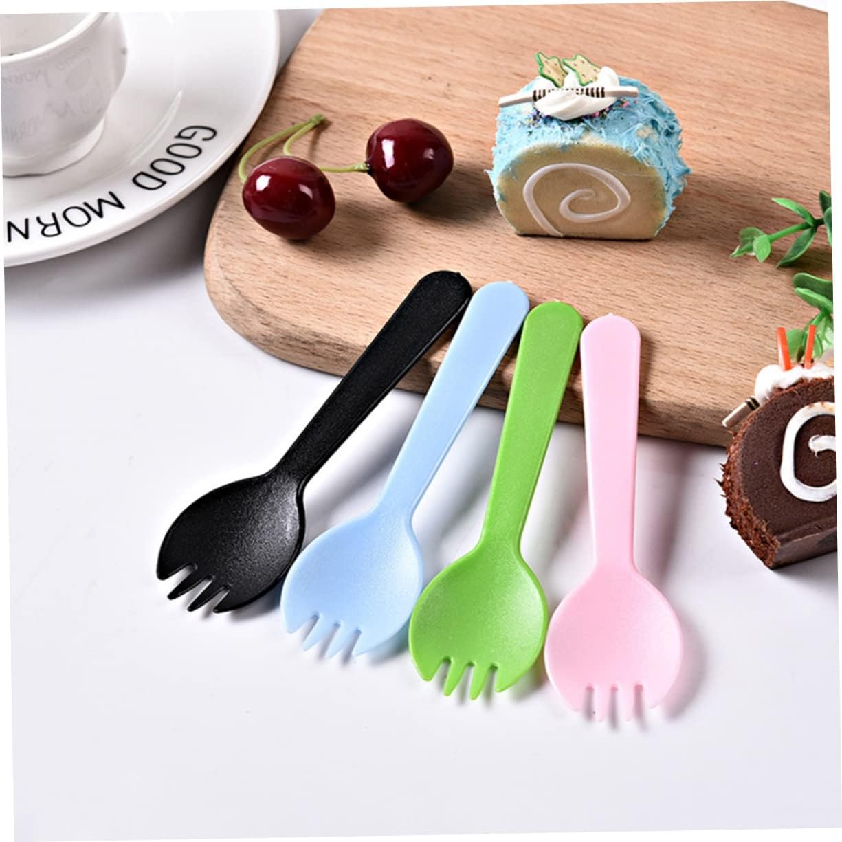 Didiseaon 100pcs Plastic Spork Spoon Blue Disposables for Cake Ice Salad Fruit Dessert Non-stick Each