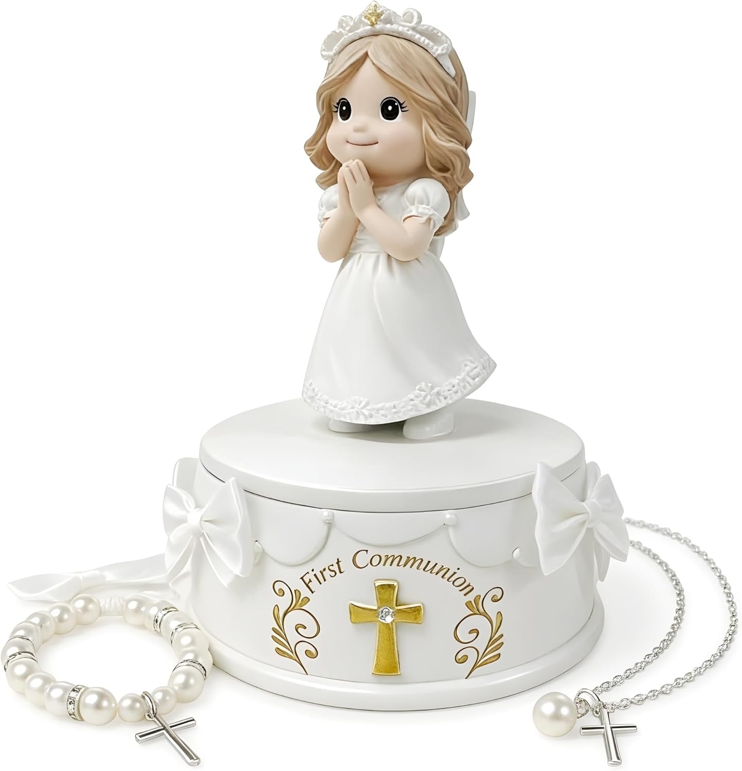 Kommunion Geschenke für Mädchen - Erstkommunion Geschenke Mädchen Set mit Figur, Erinnerungsbox, Perlenarmband, Kreuzkette, Grußkarte & DIY-Deko, 8pcs Erstkommunion-Erinnerungsbox & Kommunion-deko