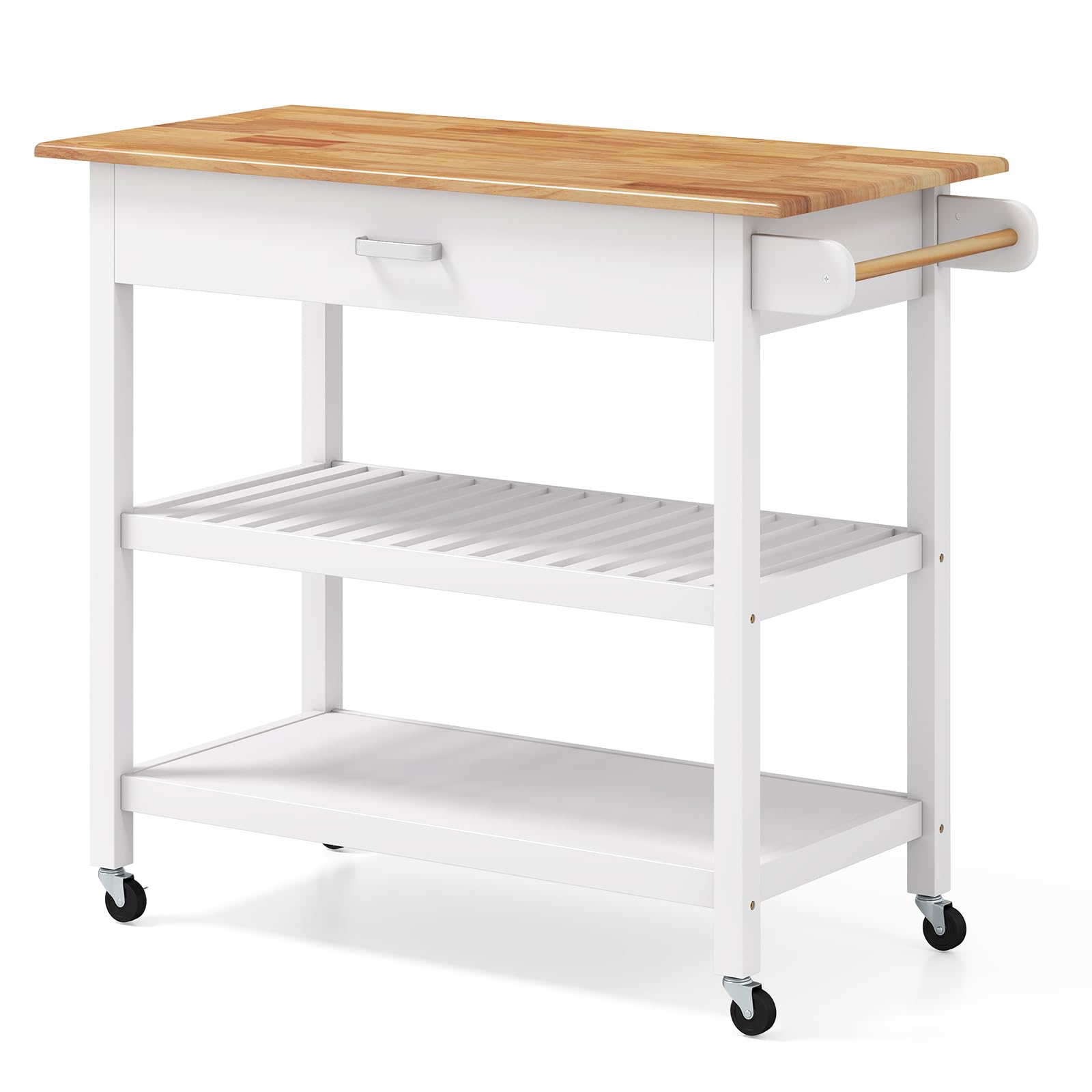 COSTWAY Isla de Cocina con 4 Ruedas, Carrito Auxiliar de 3 Niveles con Encimera de Madera, Cajón con Asa, 2 Estantes Abiertos, Toallero Lateral, Carro de Servicio para Comedor, 106x50x89 cm (Blanco)