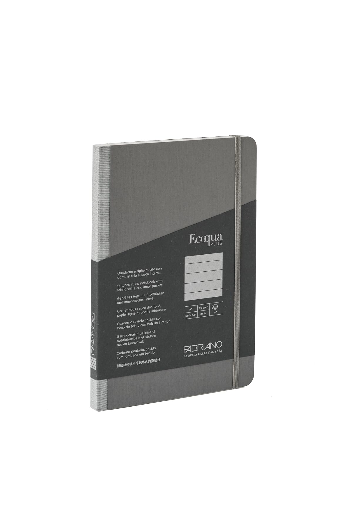 Fabriano Ecoqua Plus Fabric-Bound Notebook, 5.8" x 8.3", A5, Lined, Gray