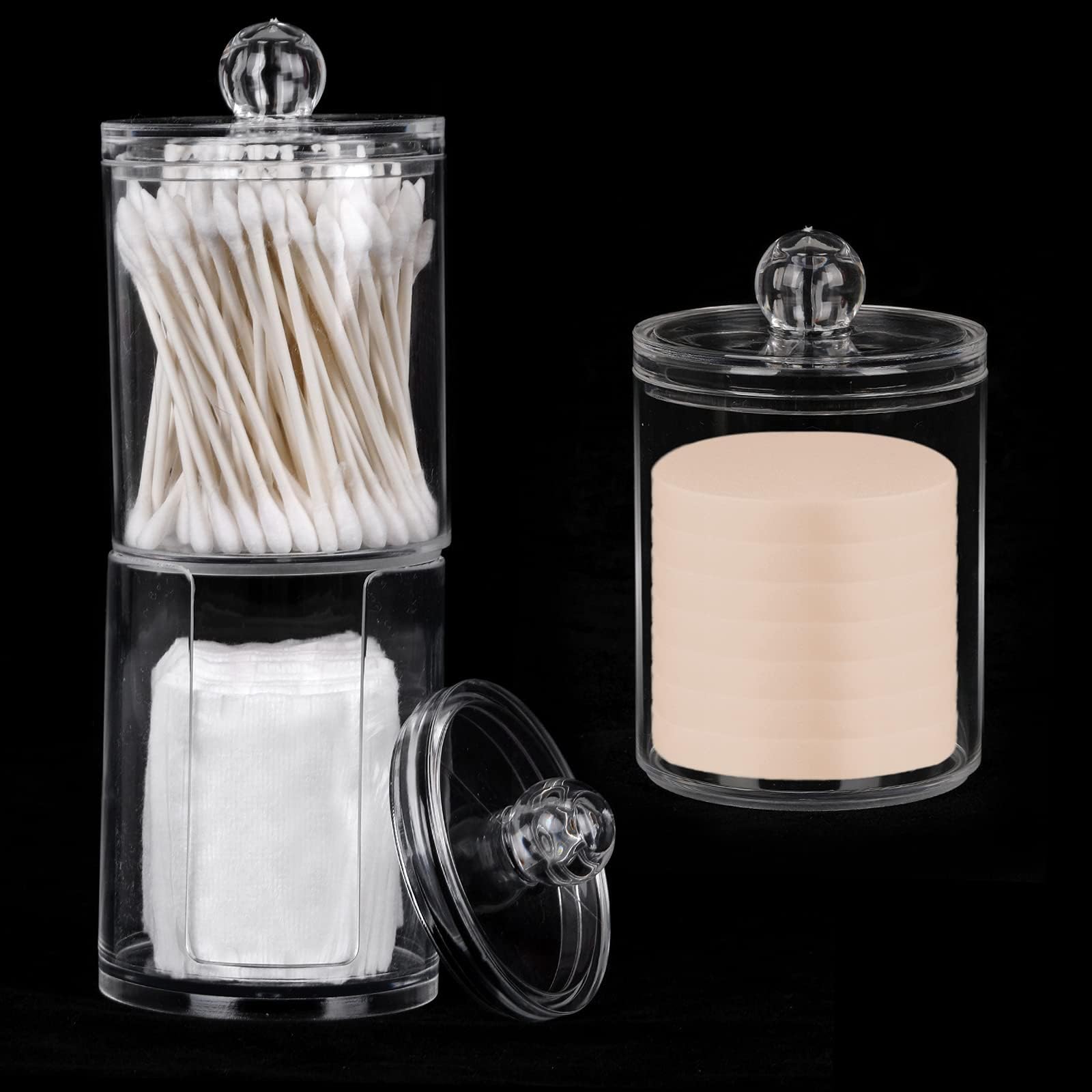 yeestone Acrylic Makeup Organiser, Bathroom Storage Jars with Lid, Stackable Cotton Pad Holder, 3PCS Cotton Bud Holder, Dressing Table Storage for Cotton Ball Pad Bud Swabs Q-Tips