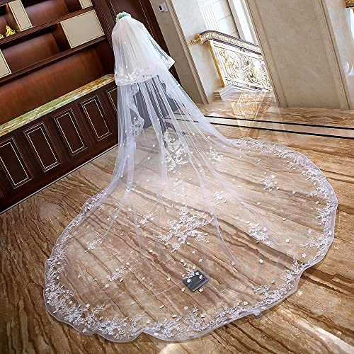 Wedding Accessory 2T Elegant Luxurious Ivory White Long Chapel Wedding Tulle Bridal Lace Edge Veil With Comb Appliques Bride Cathedral Royal Veil (Color : White, Item Length : 500Cm) #TOP5