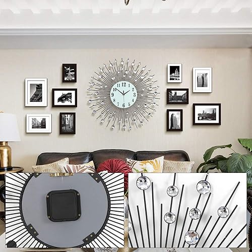 Miniatura 2 de Reloj de pared de cristal 3D de 23.6 pulgadas con diamantes brillantes y tachonados de plata, reloj de pared moderno y de lujo redondo para