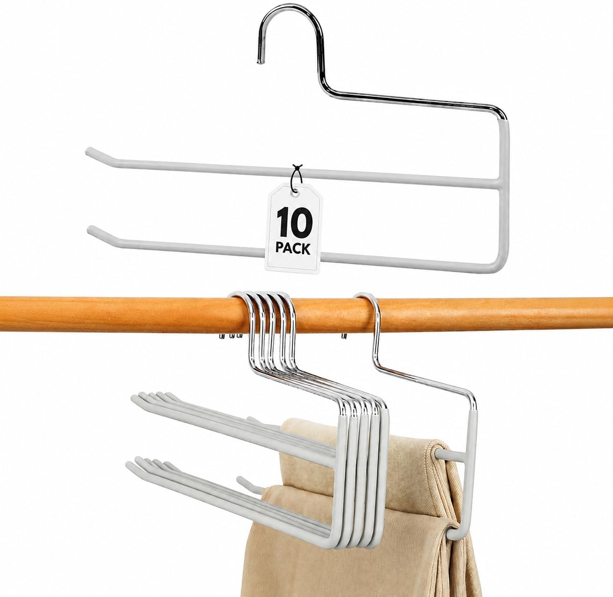 Pants Hangers for Closet, Open Ended 2 Tier Hanger with Space Saving Dual Layer Design, Non Slip PVC Coated Metal Construction, Closet Storage Solution for Pants, 10 Pack, Gray
