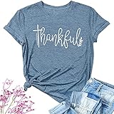 Thanksgiving Tshirts Women Thankful Graphic Funny Letter Print Shirt Fall Casual Novelty Short Sleeve Tee Tops Thanksgiving Ladies Shirts(Blue,M)
