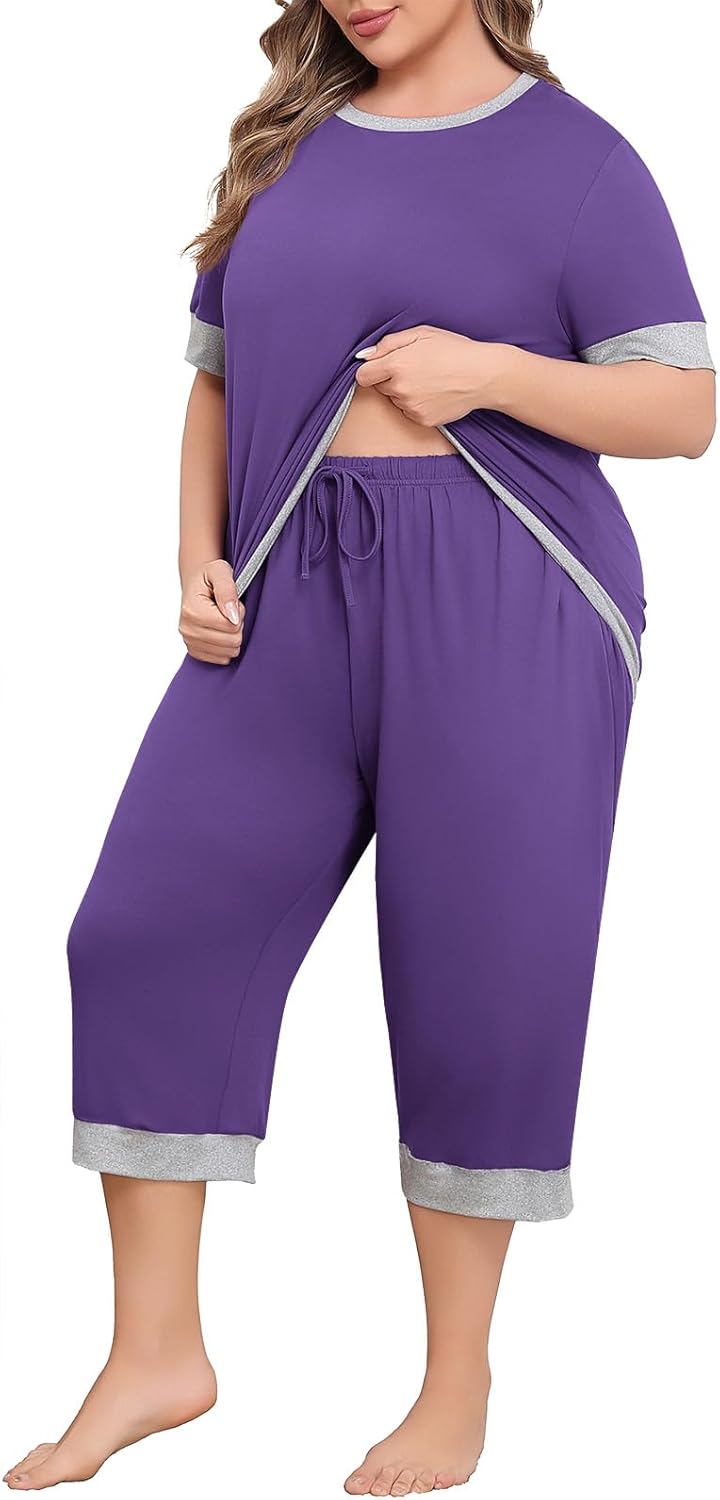 Lastshe Women Plus Size Pajama Set 2 Piece Short Sleeve Capri Pants Knit Sleepwear Lounge Set Ladies Pjs Soft with Pockets - Image 2