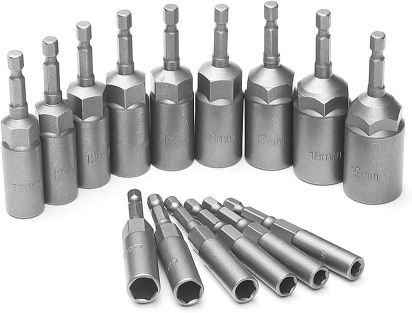 15 Pcs 80mm Length Deepen Power Nut Driver Drill Bit Set 5-19MM Impact Socket Adapter for Power Tools 6.35MM Hex Shank LiMePng (Color : 5.5 14MM)