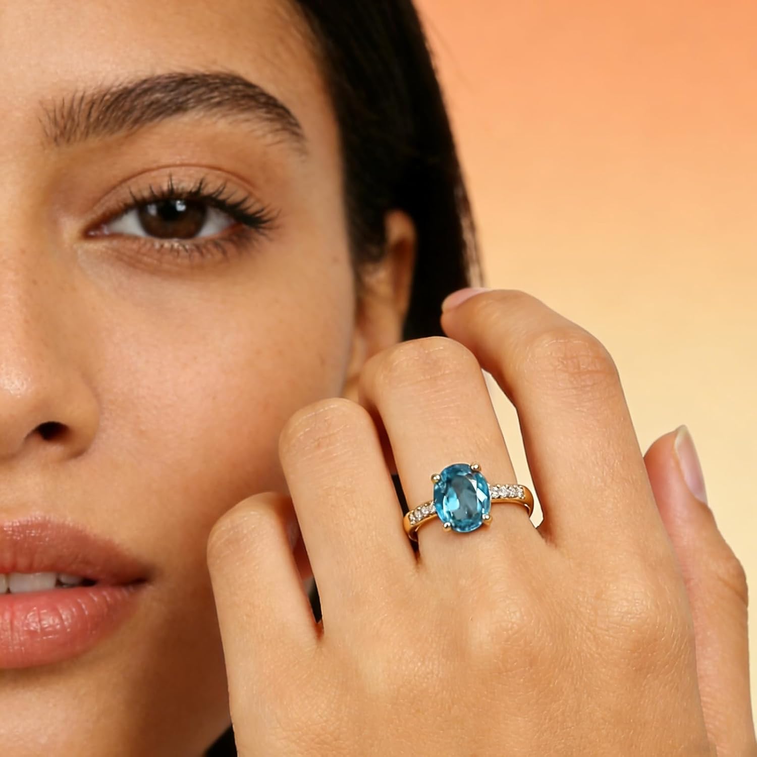 14K Gold Plated 925 Sterling Silver Ring for Women,Classic Oval Cut Blue Cubic Zirconia Engagement Promise Ring Jewelry Gifts for Her,Sparkling Gemstone Dainty Ring for Wedding Daily Size:6-10