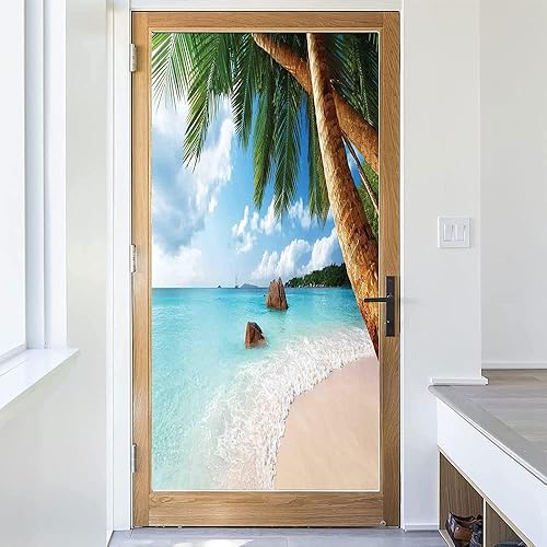 Vista 49 de Tropic - Película 3D para ventana, palmeras tropicales oceánicas en isla soleada, imagen panorámica, para puerta de cristal, baño, sala de estar